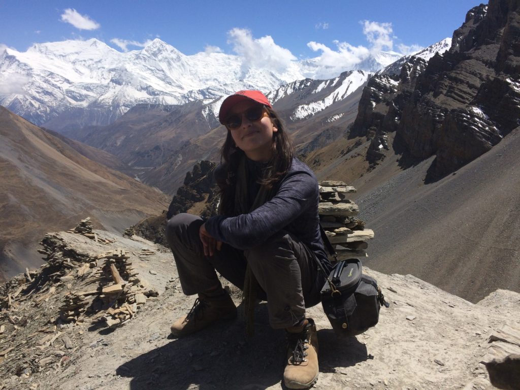 girl sitting Annapurna mountains