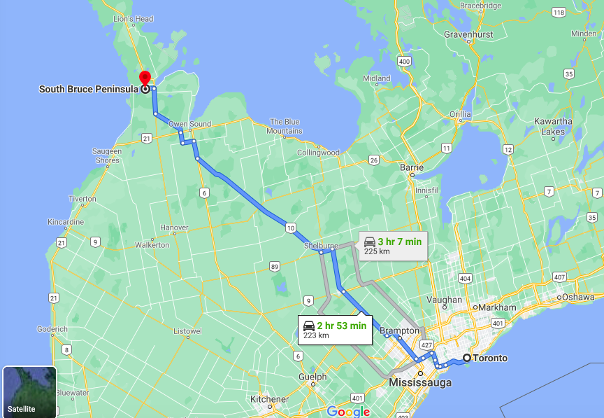 google maps direction to South Bruce Peninsula