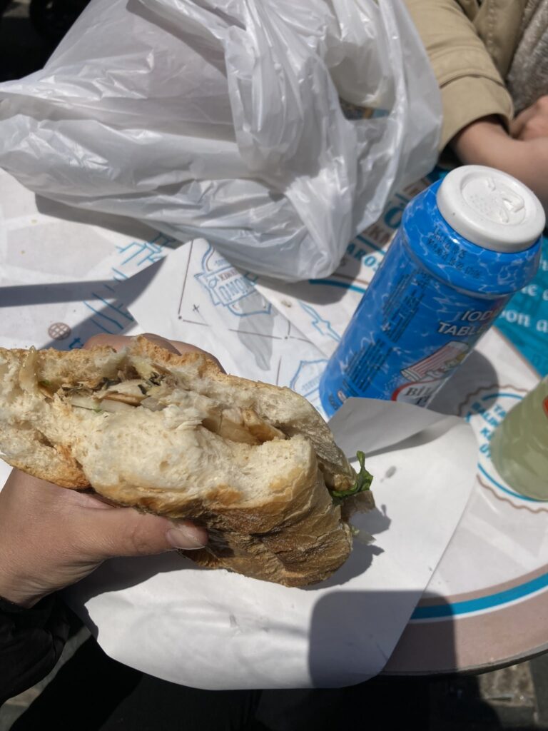 Hand holding fish sandwich by the Eminonu pier.