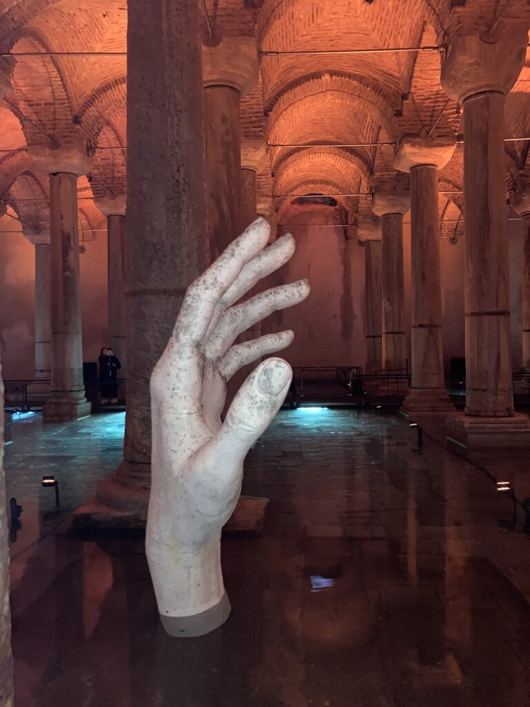 Stone sculpture of a hand in the Basilica Cistern, Istanbul.