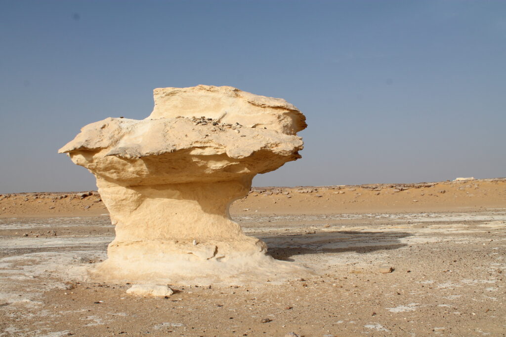 Mushroom-shaped white rock formation in the White Desert.